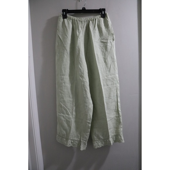 CP Shades Pants - CP Shades Sausalito Sage Green 100% Linen Wide Leg Crochet Lace Pants Womens M